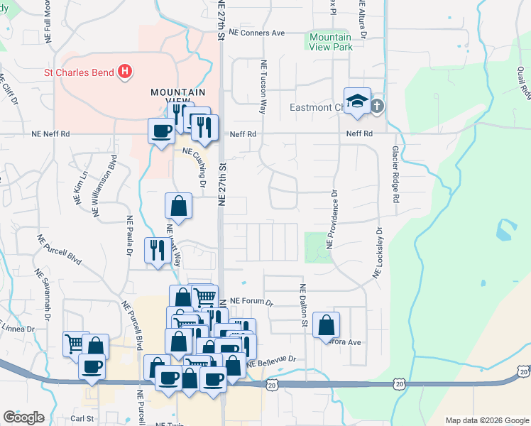 map of restaurants, bars, coffee shops, grocery stores, and more near 1271 Northeast Dawson Drive in Bend