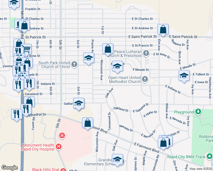 map of restaurants, bars, coffee shops, grocery stores, and more near 110 Indiana St in Rapid City