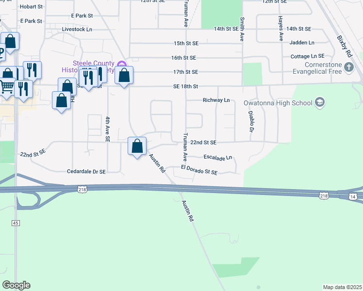 map of restaurants, bars, coffee shops, grocery stores, and more near 2210 Truman Avenue in Owatonna
