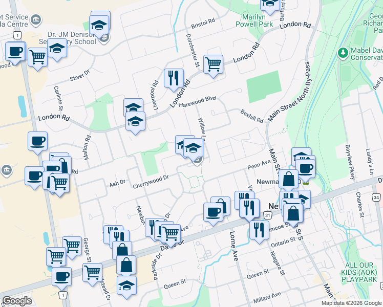 map of restaurants, bars, coffee shops, grocery stores, and more near 268 Silverbirch Drive in Newmarket