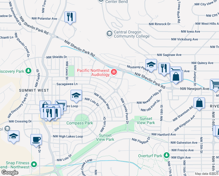 map of restaurants, bars, coffee shops, grocery stores, and more near 2263 Northwest Lemhi Pass Drive in Bend
