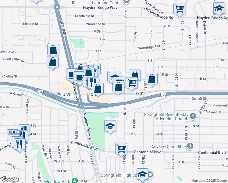map of restaurants, bars, coffee shops, grocery stores, and more near 380 Q Street in Springfield