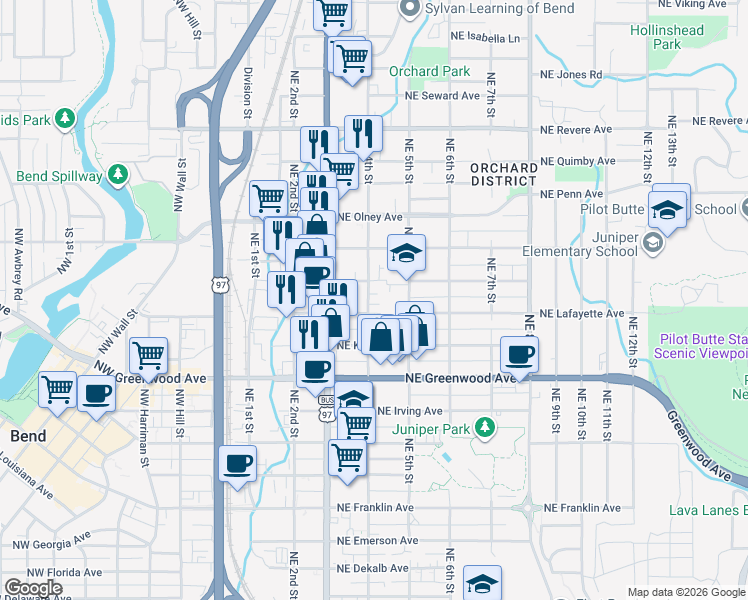 map of restaurants, bars, coffee shops, grocery stores, and more near 1222 Northeast 4th Street in Bend