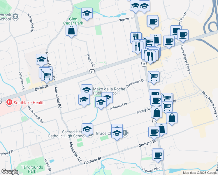 map of restaurants, bars, coffee shops, grocery stores, and more near 911 Ferndale Crescent in Newmarket
