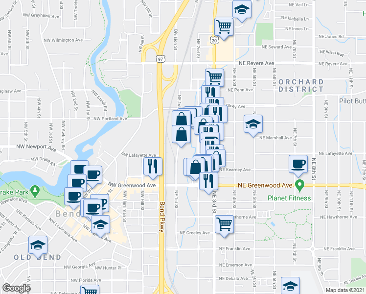 map of restaurants, bars, coffee shops, grocery stores, and more near 1216 Northeast 1st Street in Bend