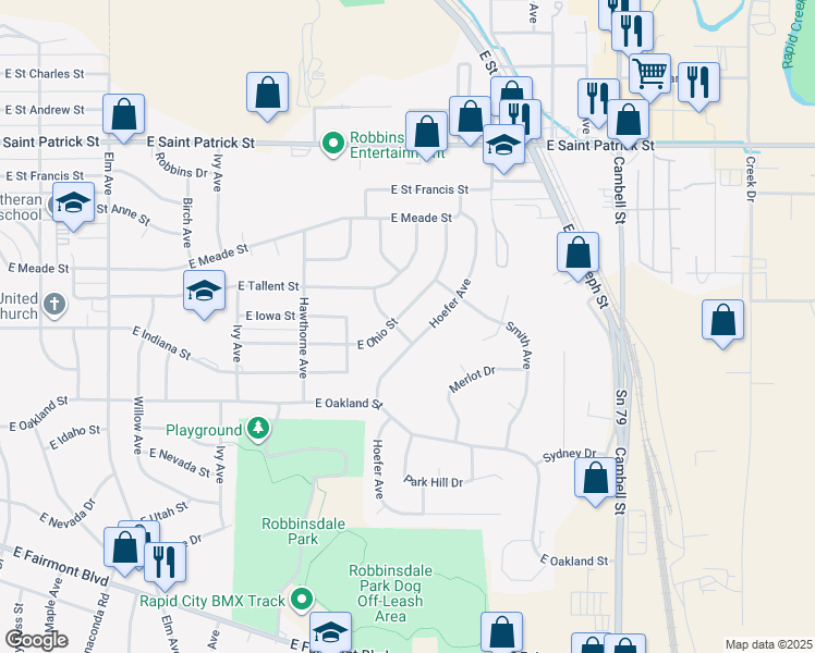 map of restaurants, bars, coffee shops, grocery stores, and more near 937 East Ohio Street in Rapid City