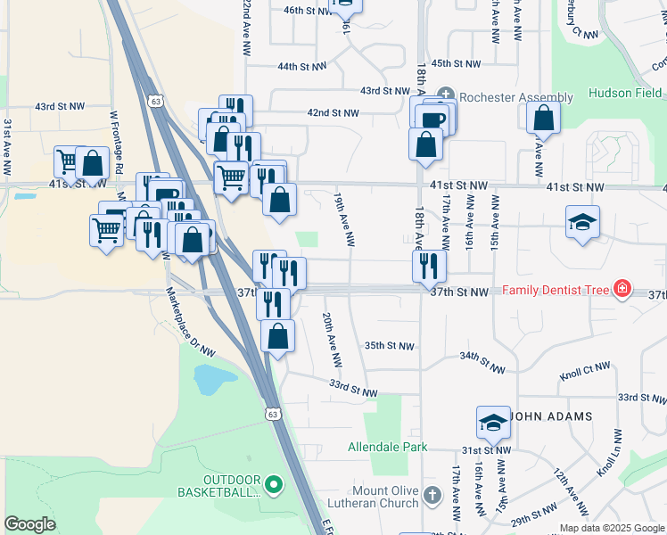 map of restaurants, bars, coffee shops, grocery stores, and more near 1916 38th Street Northwest in Rochester