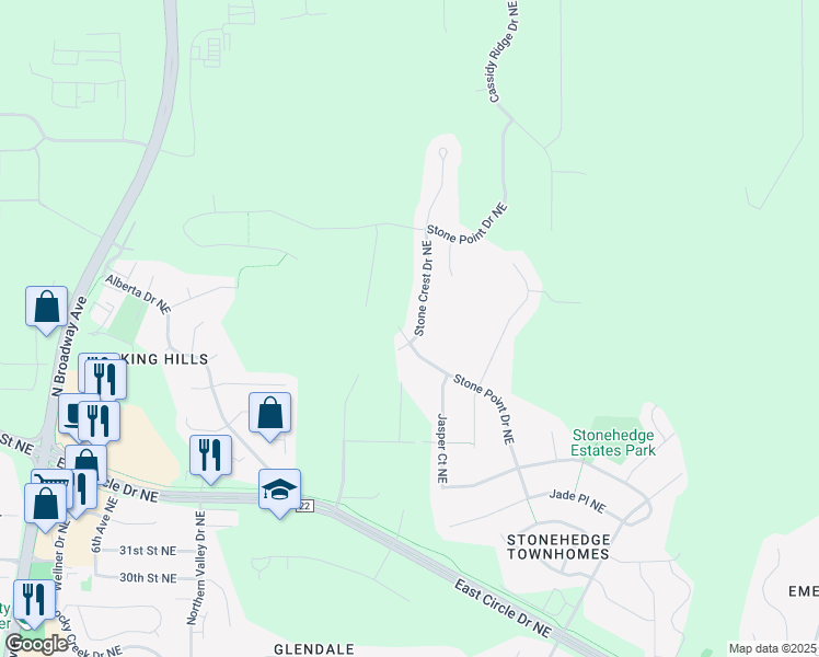 map of restaurants, bars, coffee shops, grocery stores, and more near 1687 Stone Crest Drive Northeast in Rochester