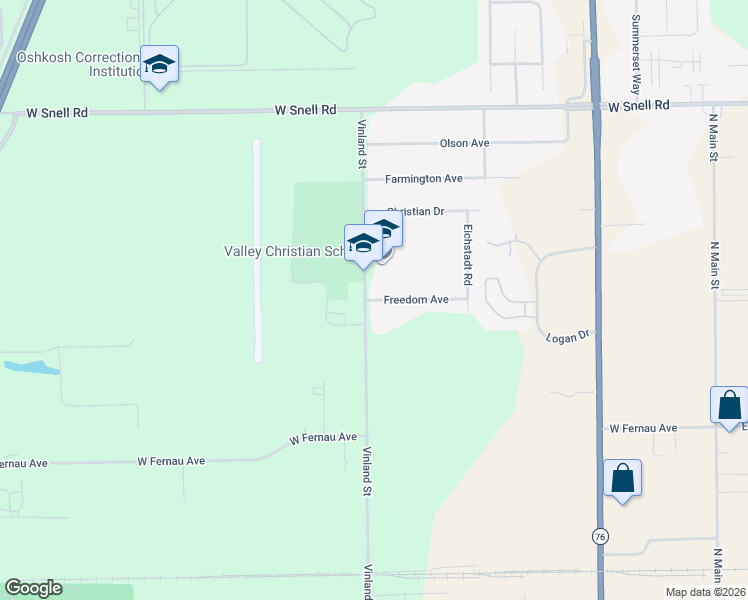 map of restaurants, bars, coffee shops, grocery stores, and more near 1180 Freedom Avenue in Oshkosh