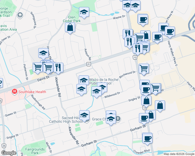 map of restaurants, bars, coffee shops, grocery stores, and more near 58 Carlson Drive in Newmarket