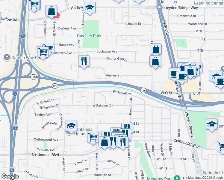 map of restaurants, bars, coffee shops, grocery stores, and more near 714 West Quinalt Street in Springfield