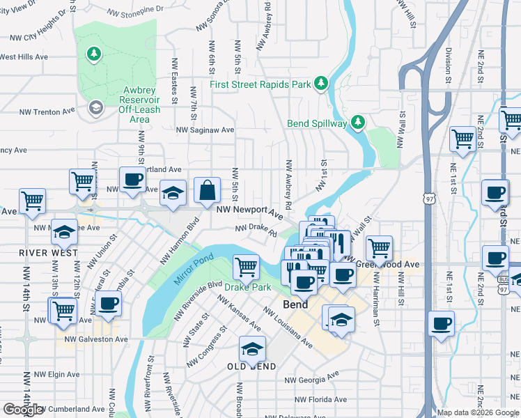 map of restaurants, bars, coffee shops, grocery stores, and more near NW Newport Ave & NW Grove Rd in Bend