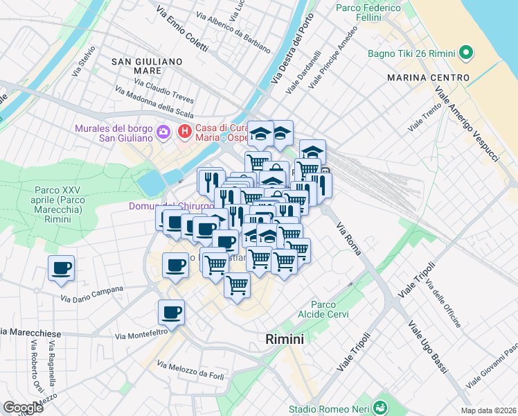 map of restaurants, bars, coffee shops, grocery stores, and more near 26 Via Guglielmo Oberdan in Rimini