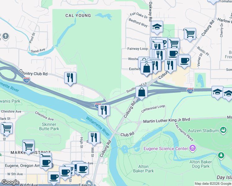 map of restaurants, bars, coffee shops, grocery stores, and more near 36 Fairway Loop in Eugene