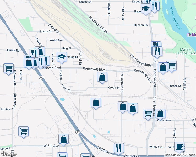 map of restaurants, bars, coffee shops, grocery stores, and more near 2140 Roosevelt Boulevard in Eugene