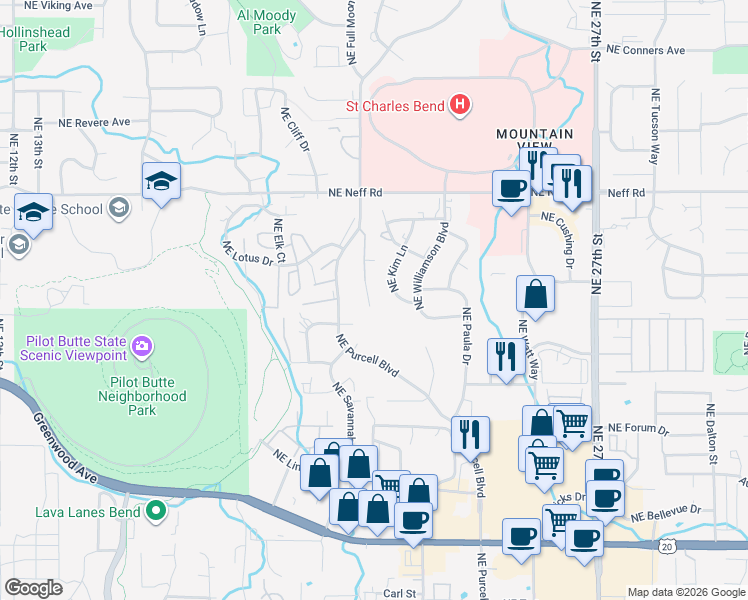 map of restaurants, bars, coffee shops, grocery stores, and more near 1200 Northeast Whisper Ridge Drive in Bend