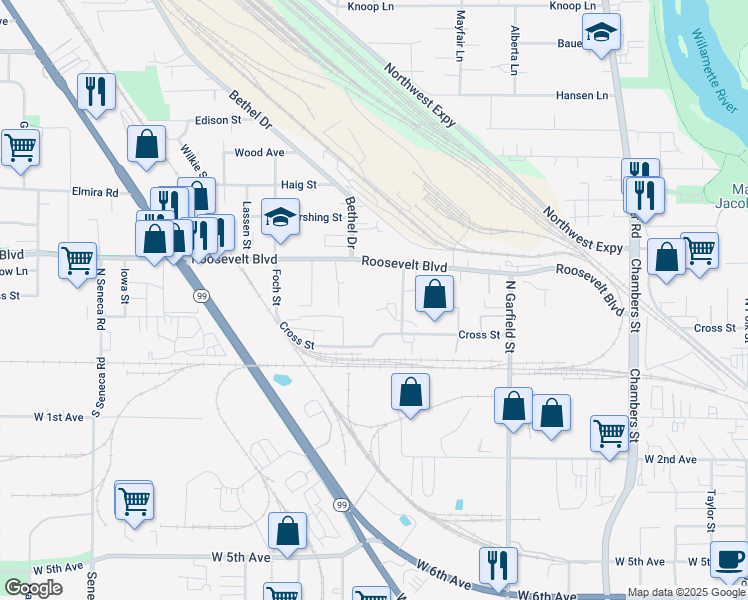 map of restaurants, bars, coffee shops, grocery stores, and more near 134 North Cleveland Street in Eugene