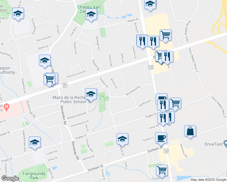 map of restaurants, bars, coffee shops, grocery stores, and more near 911 Ferndale Crescent in Newmarket