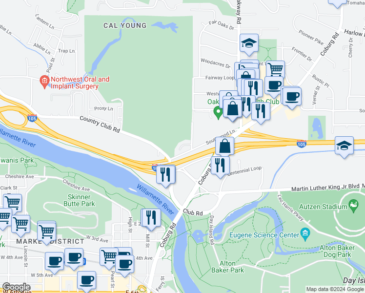 map of restaurants, bars, coffee shops, grocery stores, and more near 70 Fairway Loop in Eugene