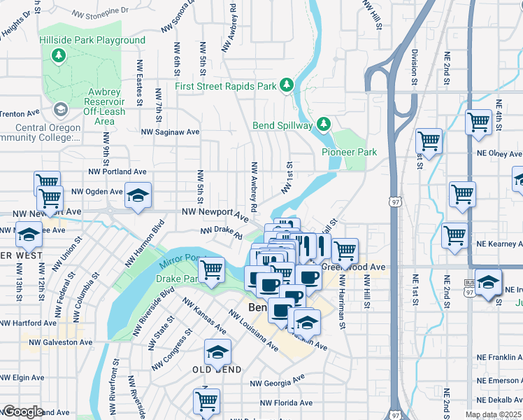 map of restaurants, bars, coffee shops, grocery stores, and more near 1404 Northwest 1st Street in Bend
