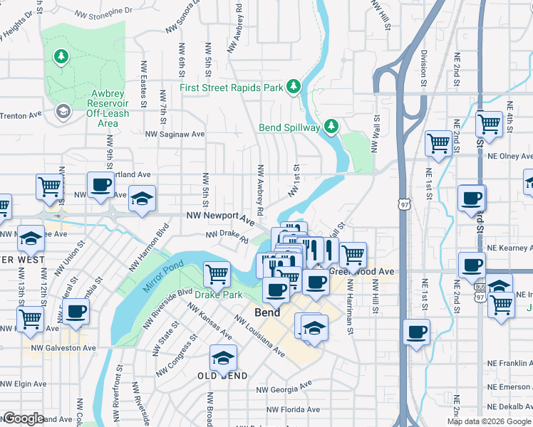 map of restaurants, bars, coffee shops, grocery stores, and more near 1404 Northwest 1st Street in Bend