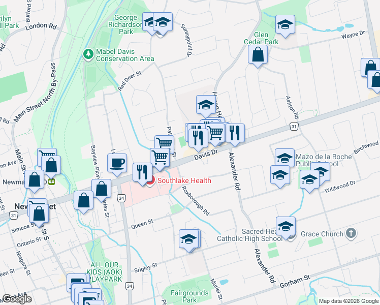 map of restaurants, bars, coffee shops, grocery stores, and more near 715 Davis Drive in Newmarket