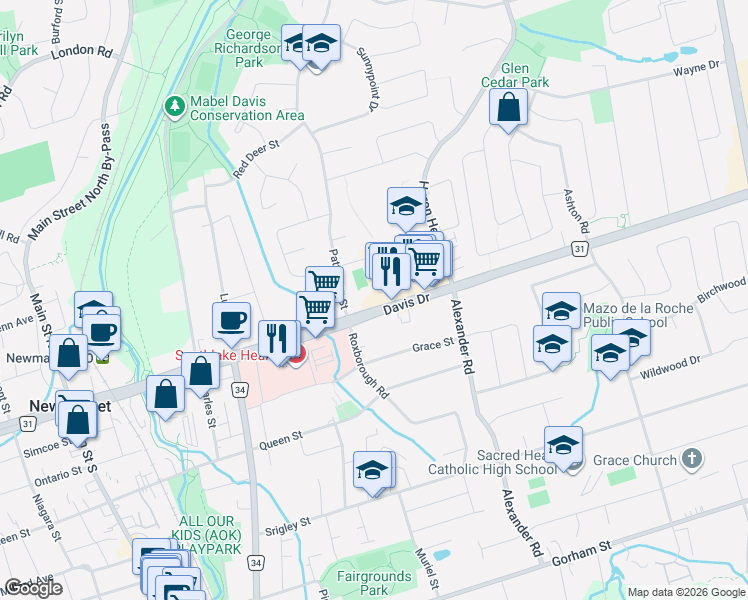 map of restaurants, bars, coffee shops, grocery stores, and more near 715 Davis Drive in Newmarket