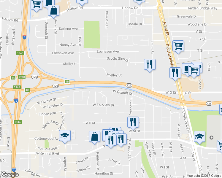 map of restaurants, bars, coffee shops, grocery stores, and more near 714 West Quinalt Street in Springfield