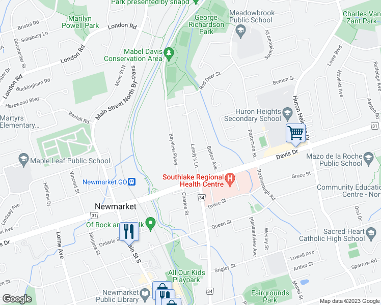 map of restaurants, bars, coffee shops, grocery stores, and more near 50 Lundy's Lane in Newmarket
