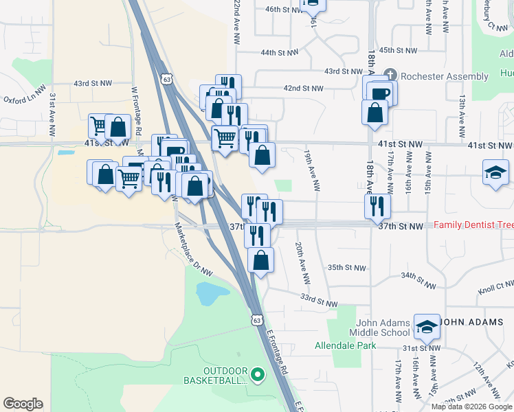 map of restaurants, bars, coffee shops, grocery stores, and more near East Frontage Road in Rochester