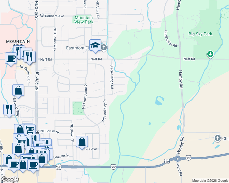 map of restaurants, bars, coffee shops, grocery stores, and more near 1214 Glacier Ridge Road in Bend