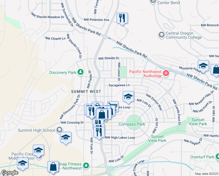 map of restaurants, bars, coffee shops, grocery stores, and more near 1363 Northwest John Fremont Street in Bend