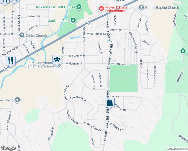 map of restaurants, bars, coffee shops, grocery stores, and more near 2310 Central Boulevard in Rapid City