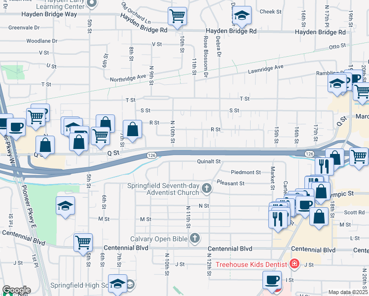 map of restaurants, bars, coffee shops, grocery stores, and more near 1058 Q Street in Springfield