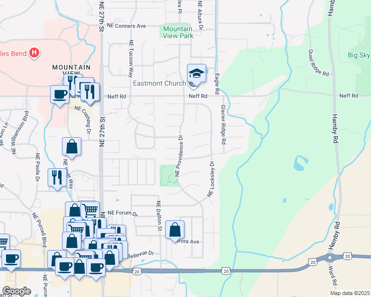 map of restaurants, bars, coffee shops, grocery stores, and more near 3085 Northeast Raleigh Court in Bend