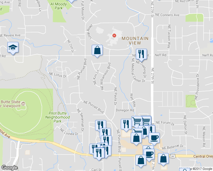map of restaurants, bars, coffee shops, grocery stores, and more near 1315 Northeast Paula Drive in Bend