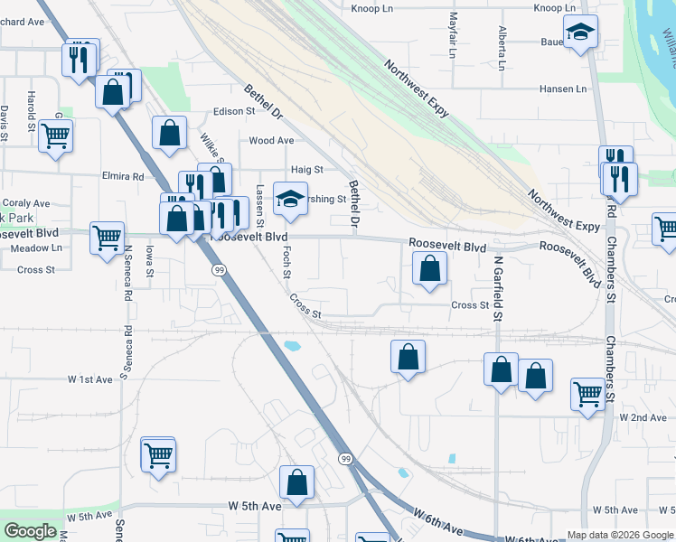 map of restaurants, bars, coffee shops, grocery stores, and more near 140 North McKinley Street in Eugene