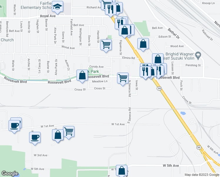 map of restaurants, bars, coffee shops, grocery stores, and more near 3100 Cross Street in Eugene