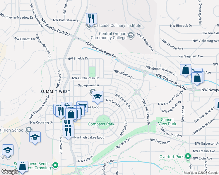 map of restaurants, bars, coffee shops, grocery stores, and more near 2465 Northwest Sacagawea Lane in Bend
