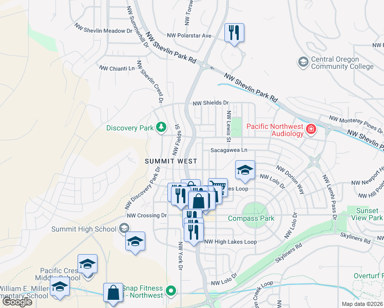 map of restaurants, bars, coffee shops, grocery stores, and more near 1362 Northwest Mount Washington Drive in Bend