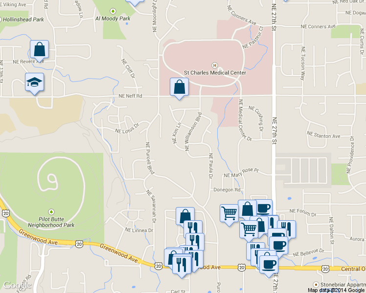 map of restaurants, bars, coffee shops, grocery stores, and more near 2196 Northeast Kim Lane in Bend