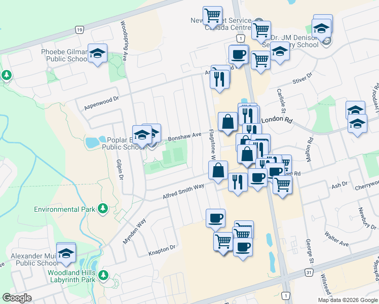 map of restaurants, bars, coffee shops, grocery stores, and more near 278 Coachwhip Trail in Newmarket