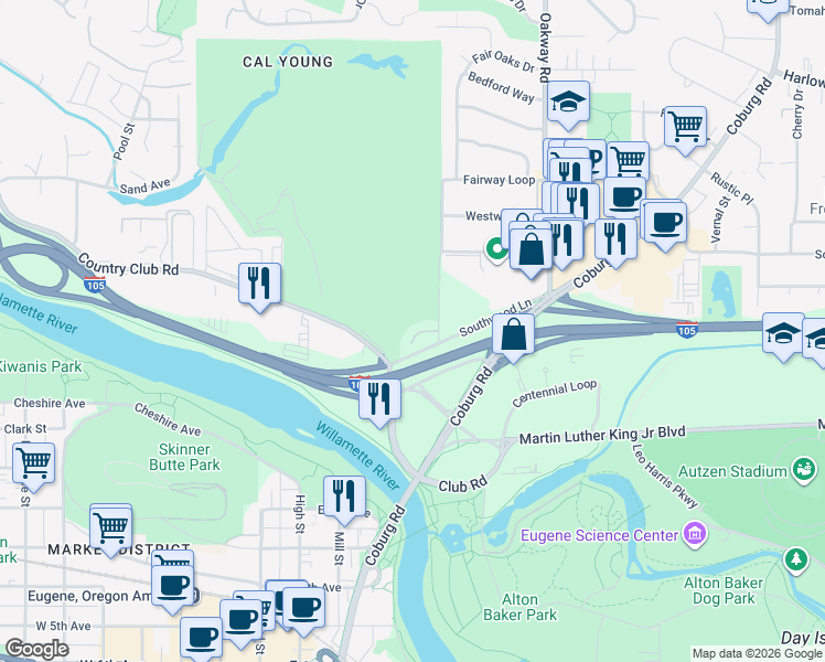 map of restaurants, bars, coffee shops, grocery stores, and more near 62 Fairway Loop in Eugene