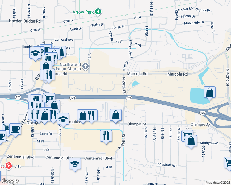 map of restaurants, bars, coffee shops, grocery stores, and more near 2717 Maia Loop in Springfield