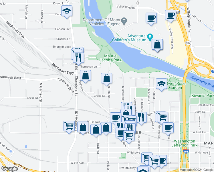 map of restaurants, bars, coffee shops, grocery stores, and more near 192 North Polk Street in Eugene