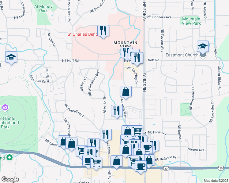 map of restaurants, bars, coffee shops, grocery stores, and more near 1301 Northeast Medical Center Drive in Bend