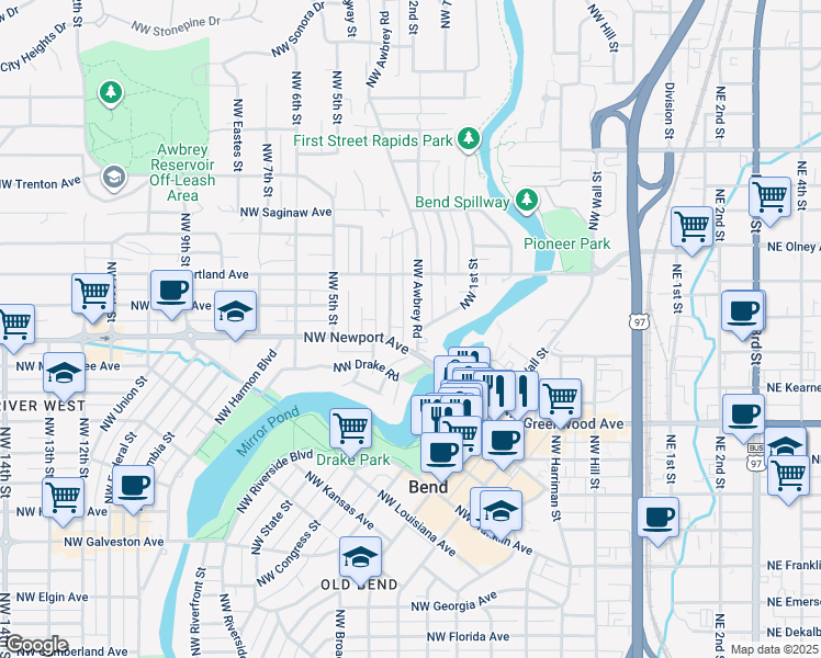 map of restaurants, bars, coffee shops, grocery stores, and more near 1404 Northwest 1st Street in Bend