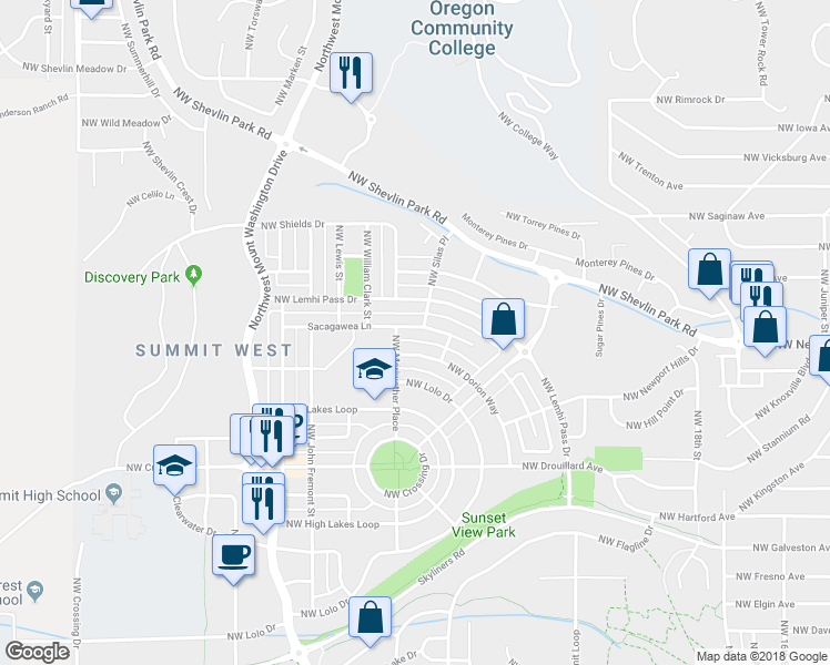 map of restaurants, bars, coffee shops, grocery stores, and more near 2465 Northwest Sacagawea Lane in Bend