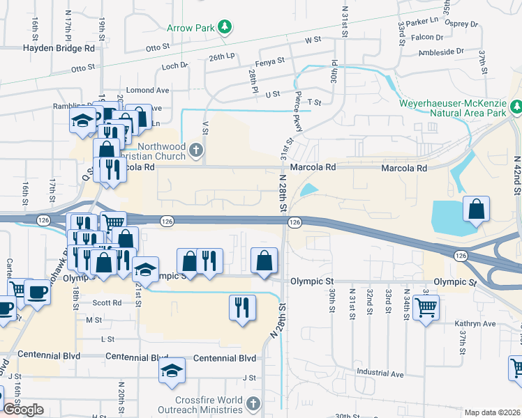 map of restaurants, bars, coffee shops, grocery stores, and more near 2717 Maia Loop in Springfield