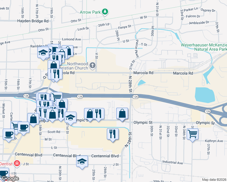map of restaurants, bars, coffee shops, grocery stores, and more near 2601 Maia Loop in Springfield